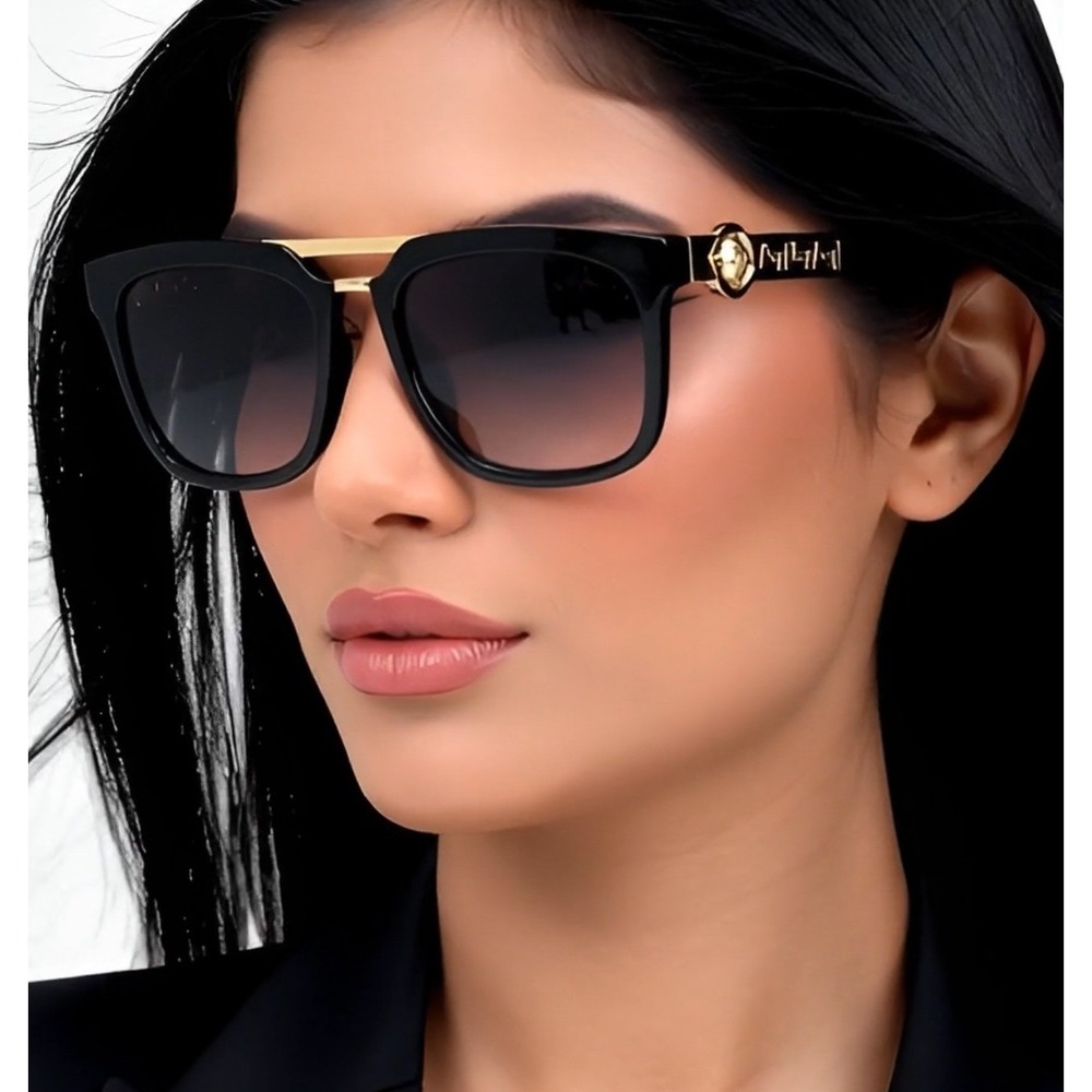 Gold‎ Square Aviator Sunglasses Gradient Black Lenses Women Luxury Style Female